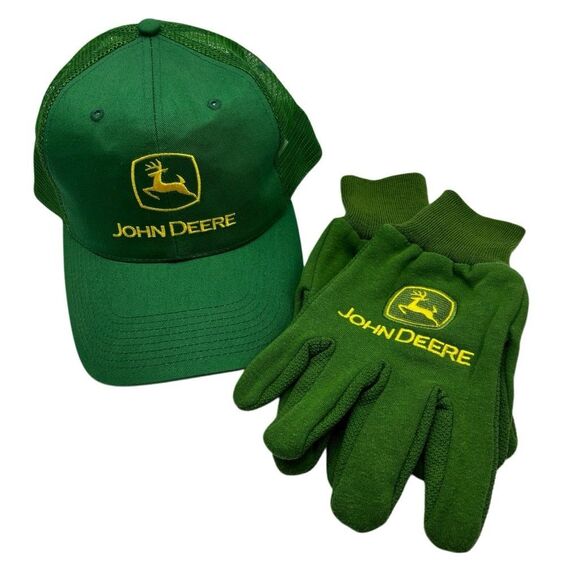 John Deere Tractor Trucker Hat & Gloves Green OS - Picture 1 of 10
